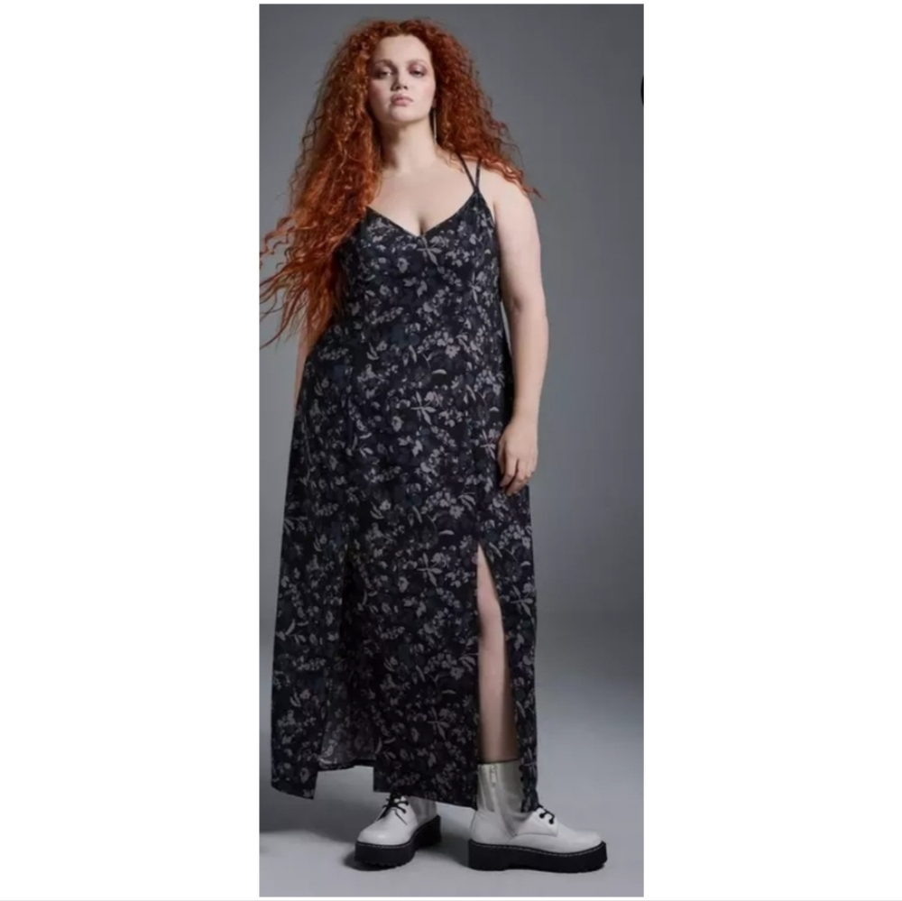 Plus Size Black Floral Slip Maxi Dress with Side Slits